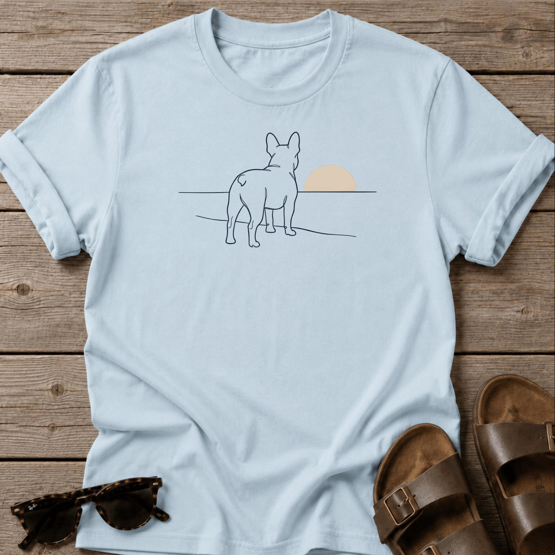 Frenchie Sunset Ocean Beach Dog Bella Canvas tee
