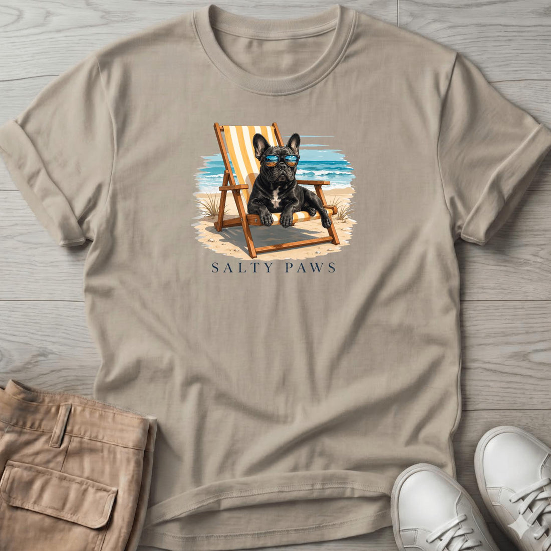Frenchie Beach Chair Dog T-Shirt, a gift for French Bulldog moms