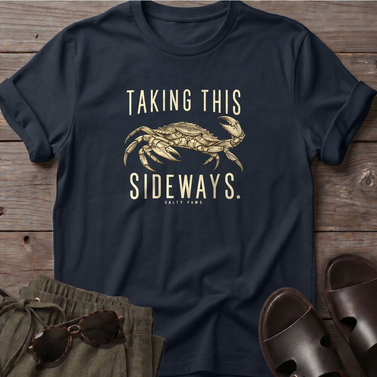 Taking This Sideways Crab T-Shirt in Black, Salty Paws T-Shirt, front design flat lay