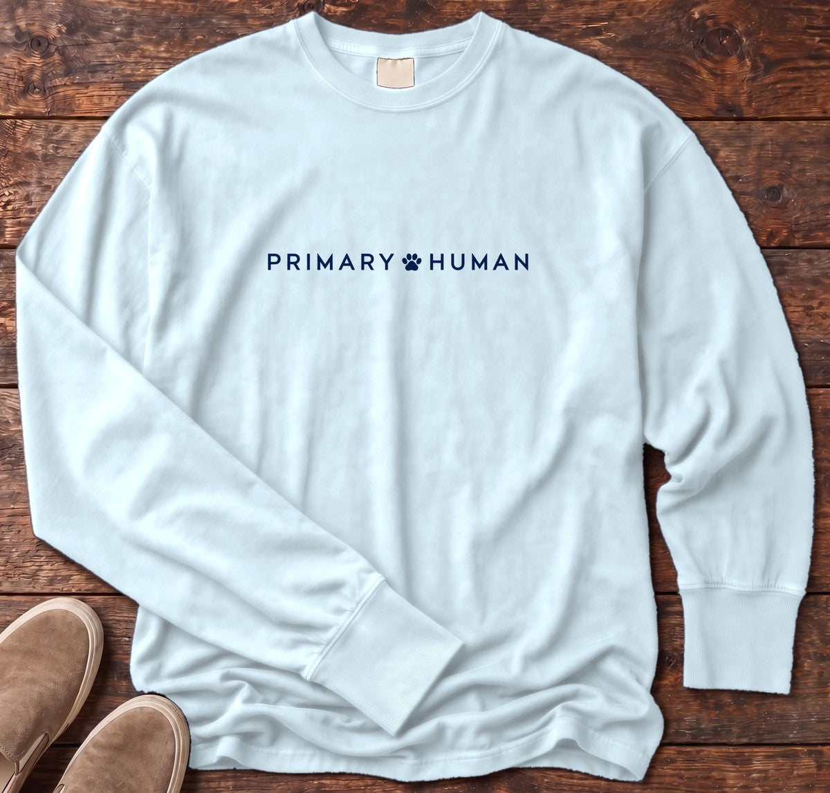 Primary Human Long Sleeve Tee in Chambray, Salty Paws Comfort Colors Long Sleeve Tee, front design flat lay