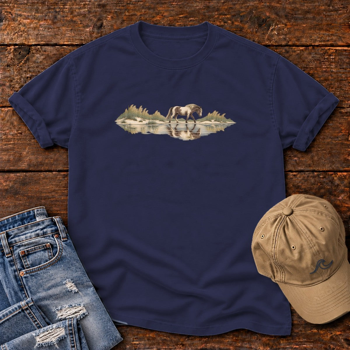 Assateague Pony T-Shirt in True Navy, Salty Paws Comfort Colors T-Shirt, front design flat lay