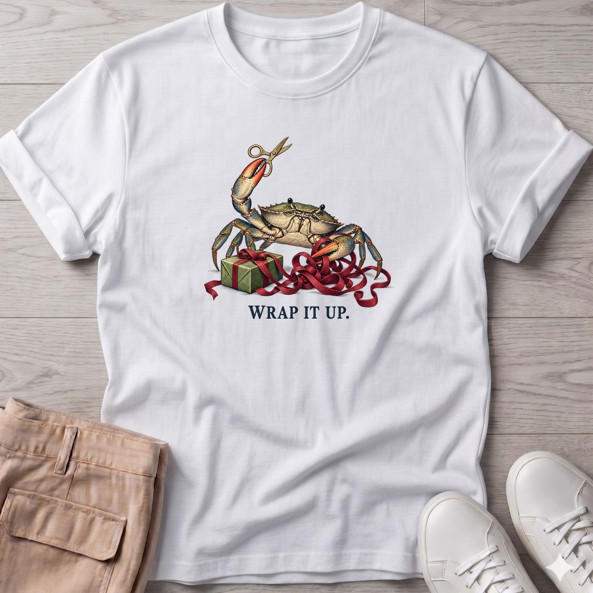 Wrap It Up Crab T-Shirt in White, Salty Paws T-Shirt, front design flat lay