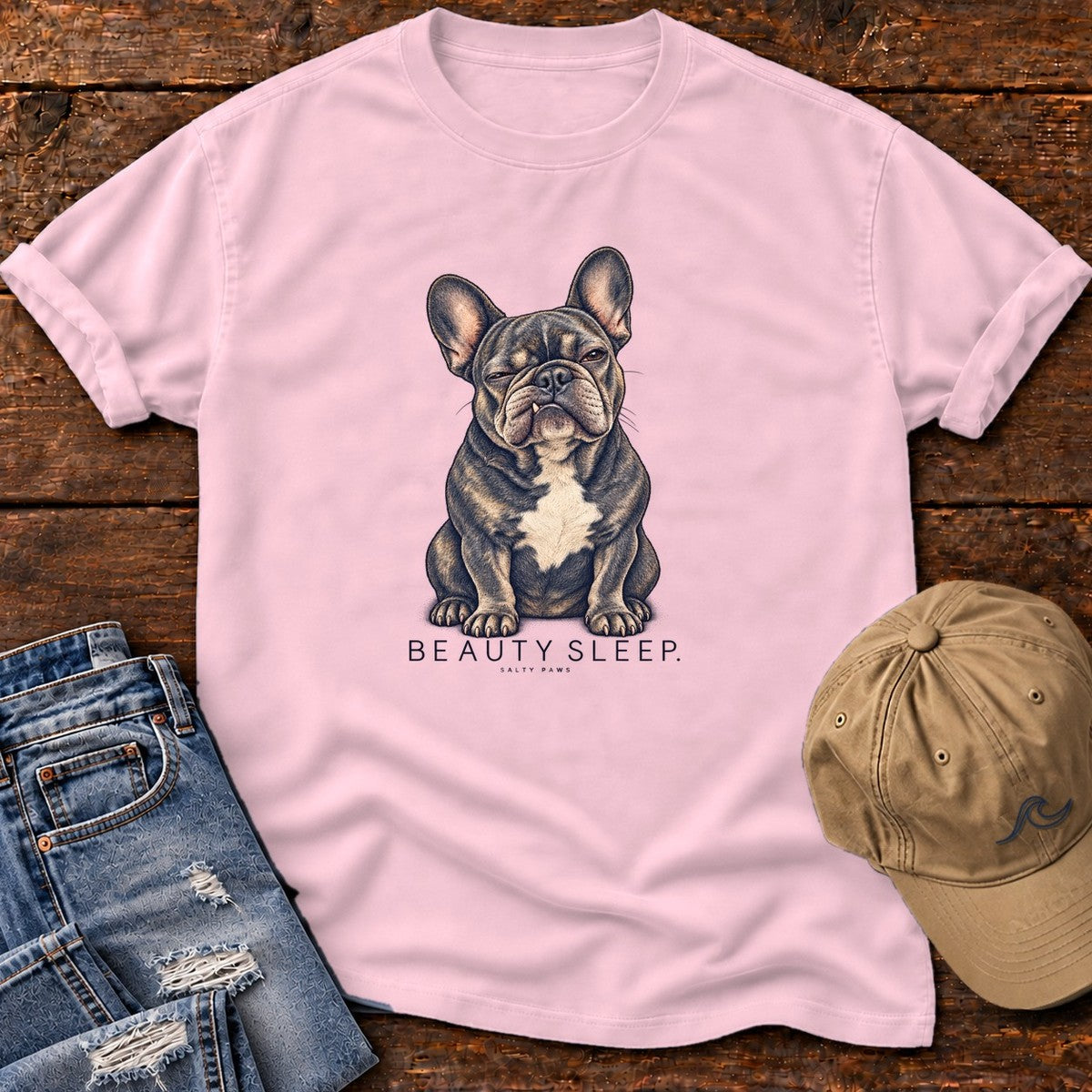 Beauty Sleep French Bulldog T-Shirt in Blossom, Salty Paws Comfort Colors T-Shirt, front design flat lay
