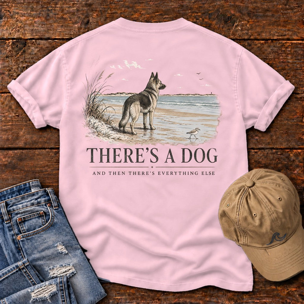 There's a Dog Shepherd Comfort Colors T-Shirt in Blossom, back design flat lay