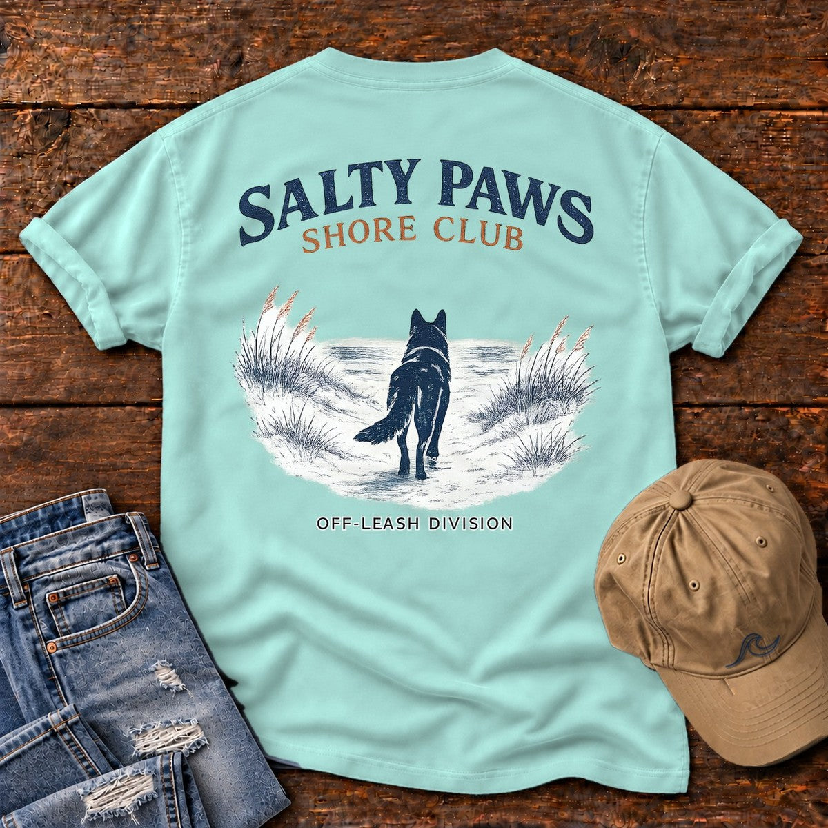 Salty Paws Shore Club Shepherd Back Design Comfort Colors T-Shirt in Chalky Mint, back design flat lay