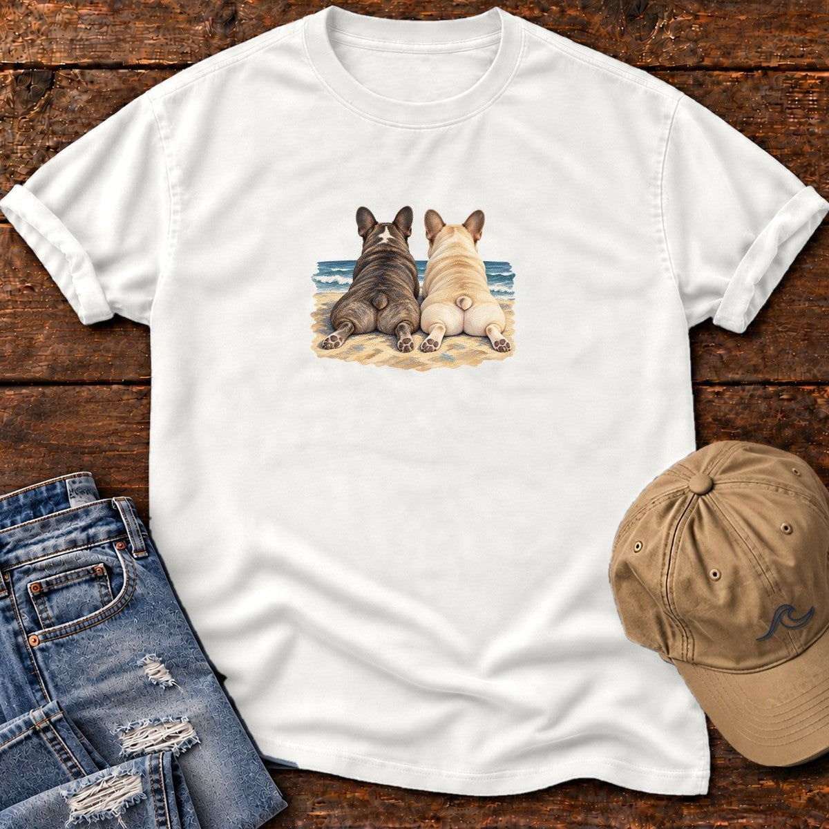Two French Bulldogs at the Ocean T-Shirt in White, Salty Paws Comfort Colors T-Shirt, front design flat lay