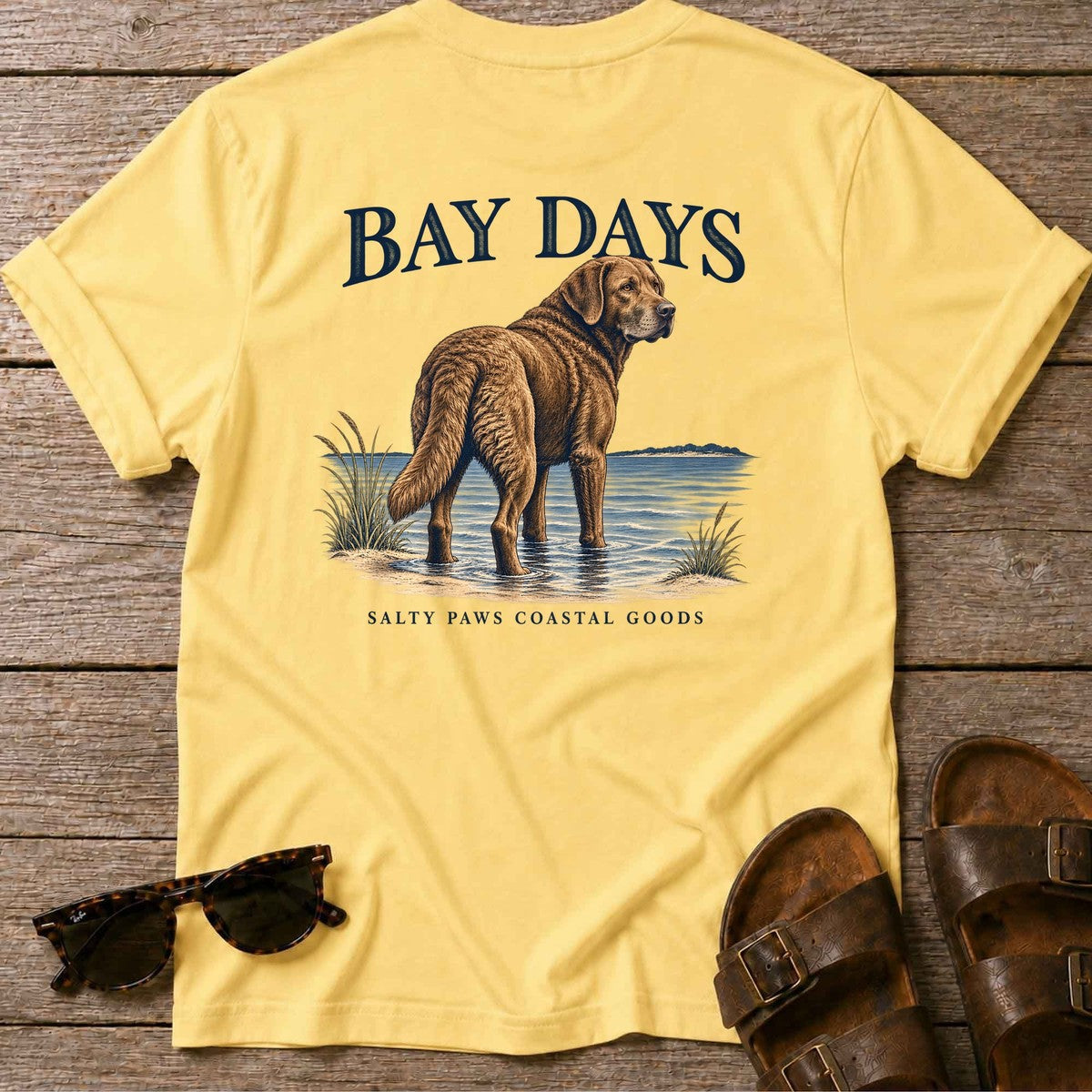 Bay Days Chesapeake Bay Retriever Back Design T-Shirt in Daisy, Salty Paws coastal t-shirt