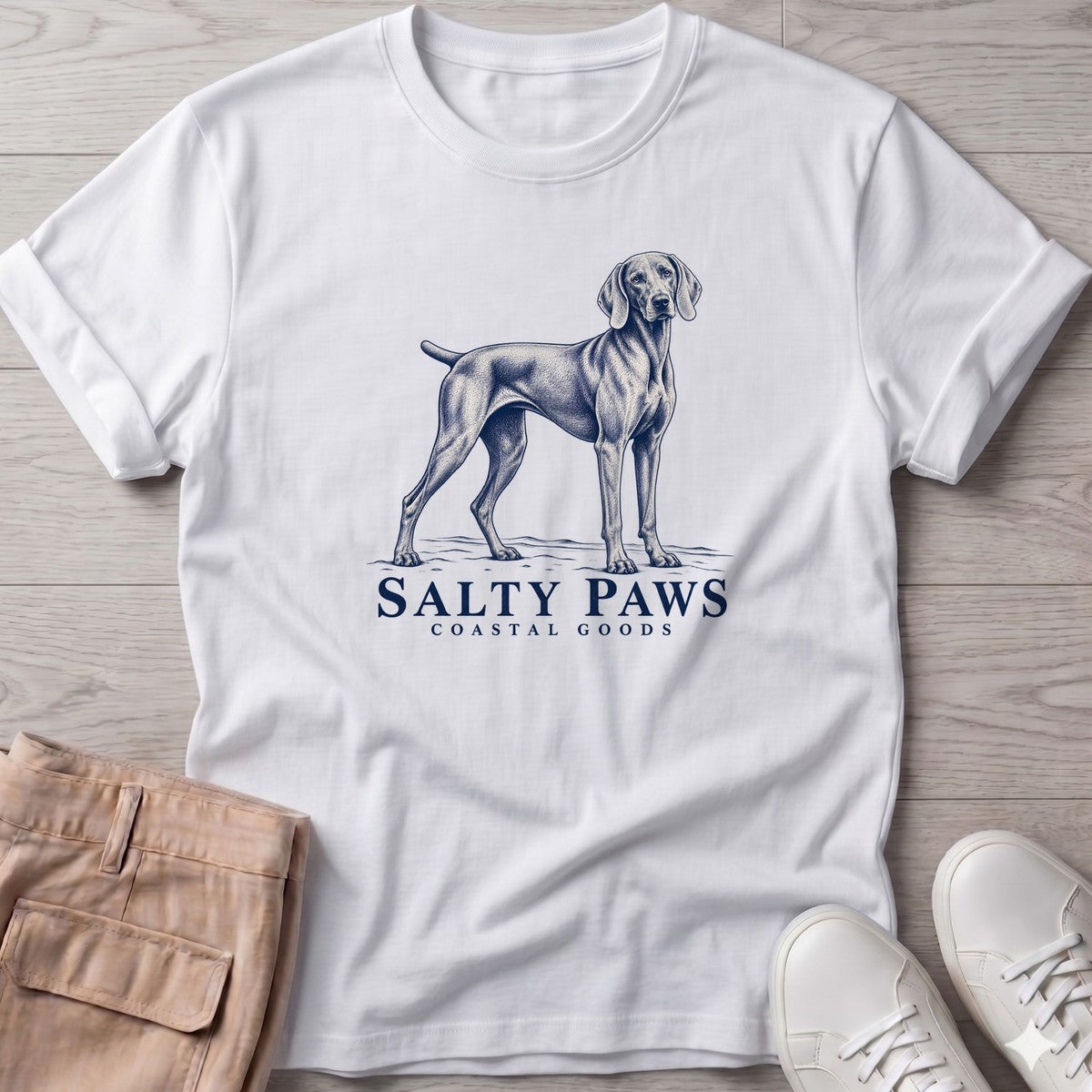 Weimaraner Coastal Goods T-Shirt in White, Salty Paws T-Shirt, front design flat lay