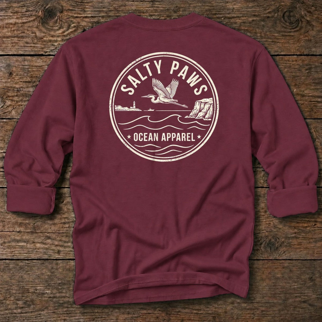 Heron Emblem Back Design T-Shirt in Maroon, Salty Paws coastal long sleeve tee