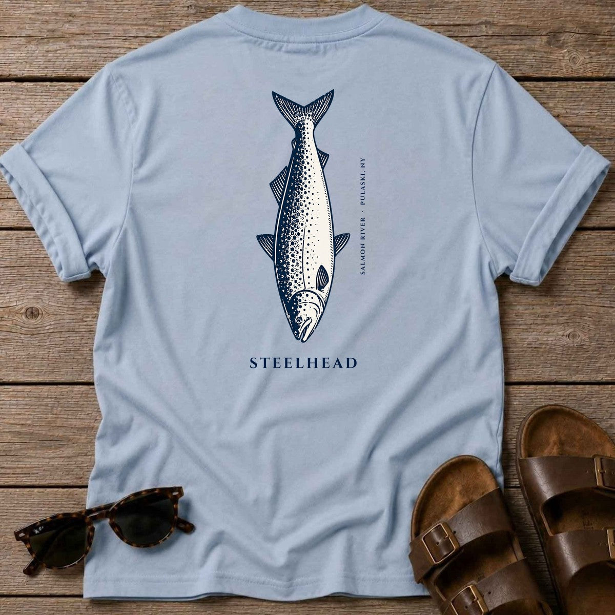 Steelhead Salmon River back design tee in Light Blue