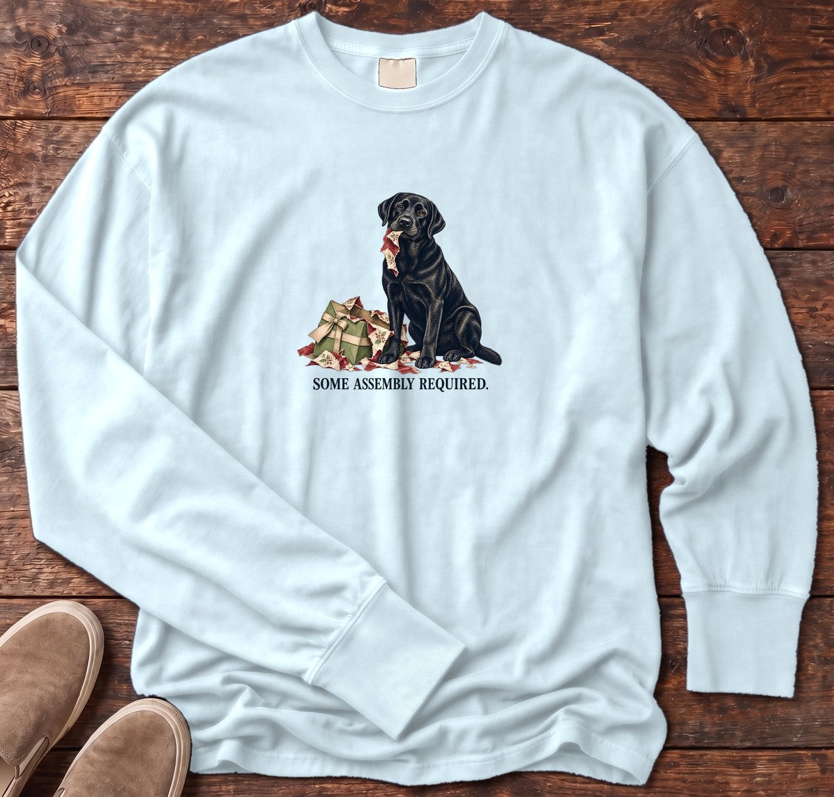 Some Assembly Required Black Lab Long Sleeve Tee in Chambray, Salty Paws Comfort Colors Long Sleeve Tee, front design flat lay