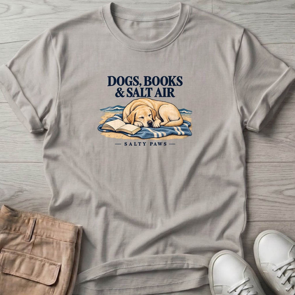 Dogs, Books & Salt Air Yellow Lab T-Shirt in Ice Grey, Salty Paws T-Shirt, front design flat lay