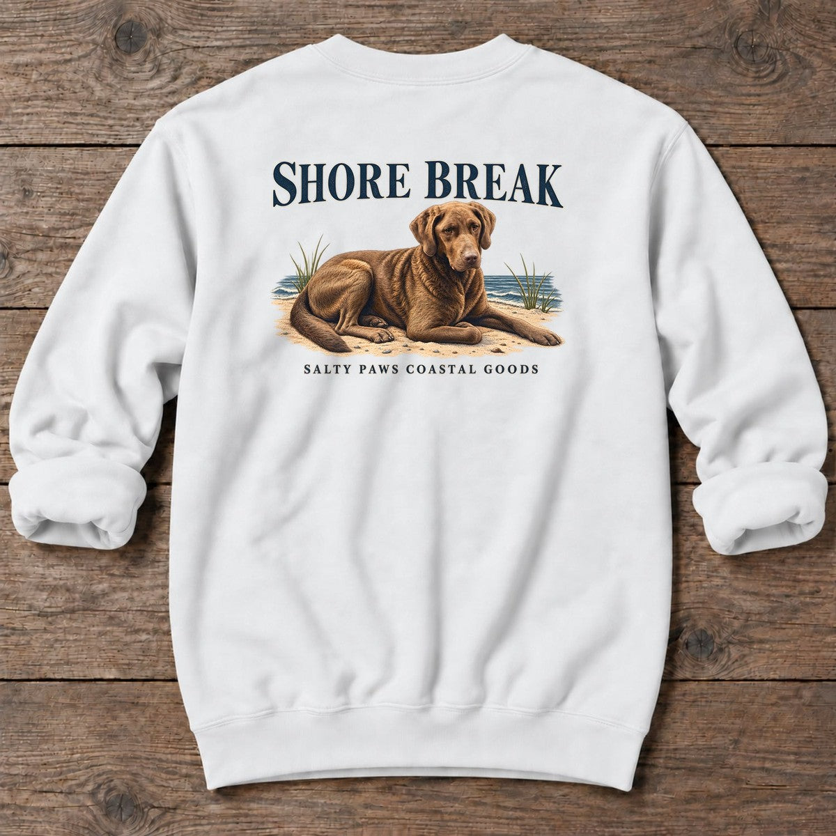 Shore Break Chesapeake Bay Retriever Back Design Midweight Sweatshirt in White, Salty Paws coastal sweatshirt
