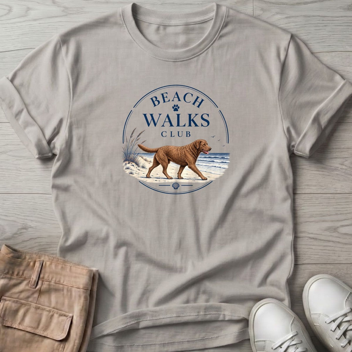 Chesapeake Bay Retriever Beach Walks Club T-Shirt in Ice Grey, Salty Paws coastal t-shirt