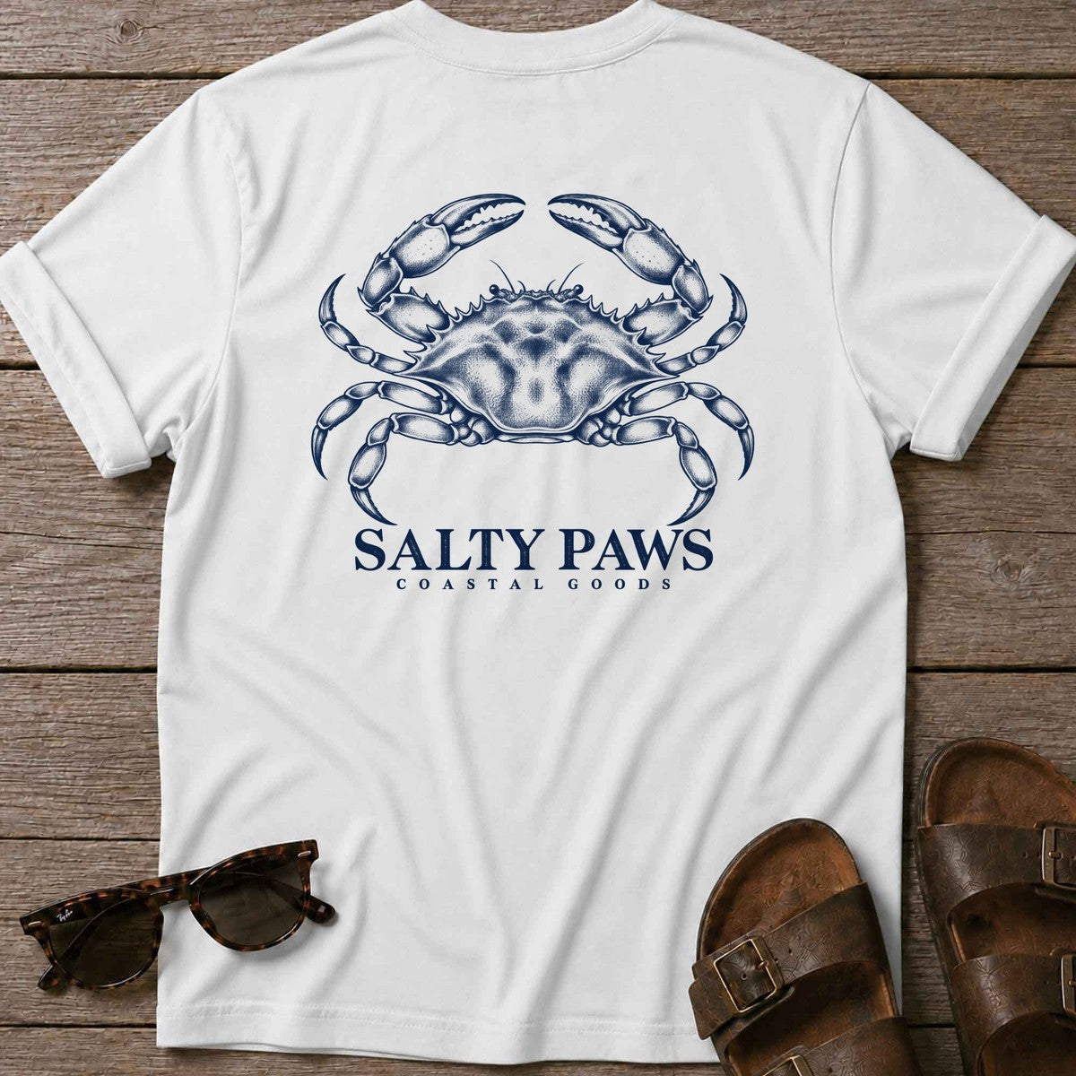 Blue Crab Coastal Goods Back Design T-Shirt in White, Salty Paws T-Shirt, back design flat lay