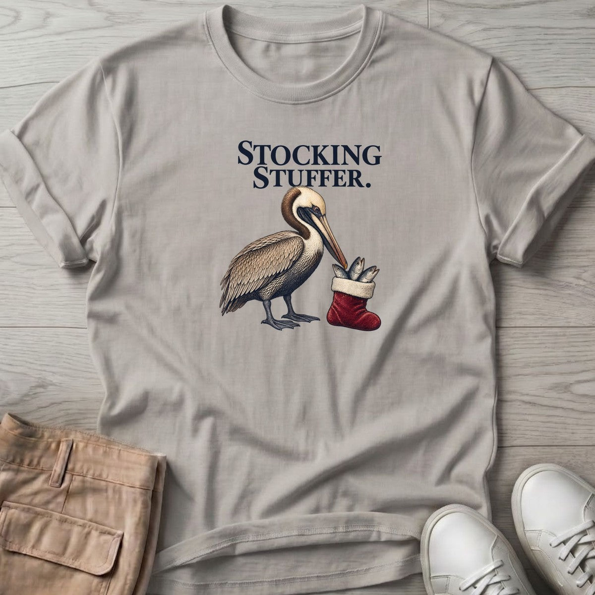 Stocking Stuffer Pelican T-Shirt in Ice Grey, Salty Paws T-Shirt, front design flat lay
