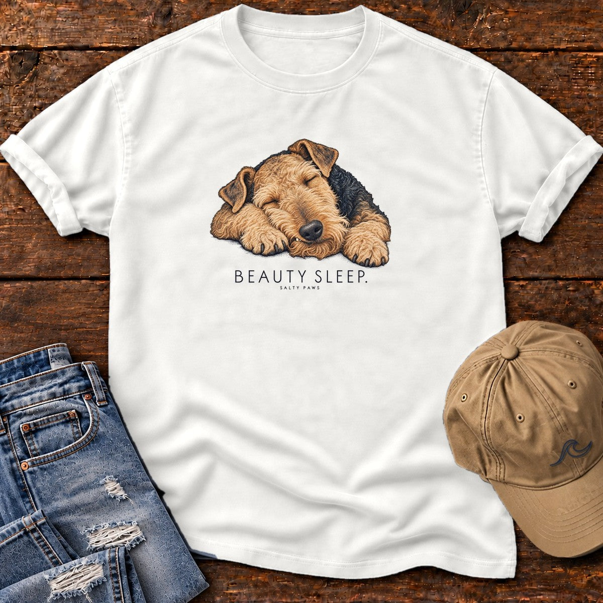 Beauty Sleep Airedale Terrier T-Shirt in White, Salty Paws Comfort Colors T-Shirt, front design flat lay