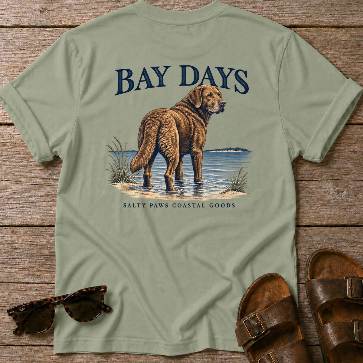 Bay Days Chesapeake Bay Retriever Back Design T-Shirt in Sage, Salty Paws coastal t-shirt