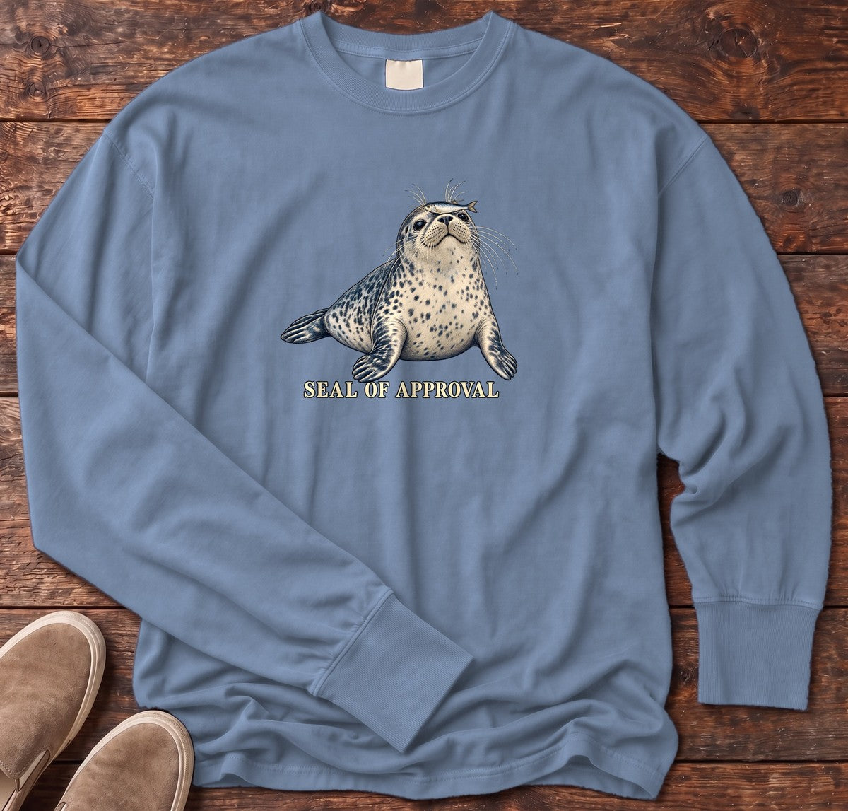 Seal of Approval Long Sleeve Tee in Blue Jean, Salty Paws Comfort Colors long sleeve tee