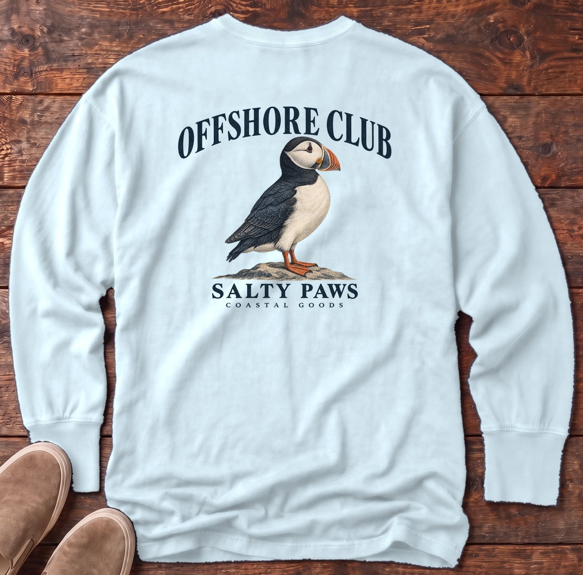 Offshore Club Puffin Salty Paws Coastal Goods Back Design Long Sleeve Tee in Chambray, Salty Paws Comfort Colors Long Sleeve Tee, back design flat lay