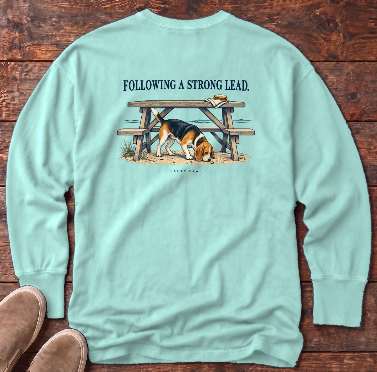 Following a Strong Lead Beagle Back Design Long Sleeve Tee in Chalky Mint, Salty Paws Comfort Colors Long Sleeve Tee, back design flat lay