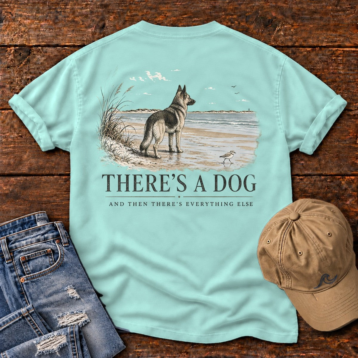 There's a Dog Shepherd Comfort Colors T-Shirt in Chalky Mint, back design flat lay