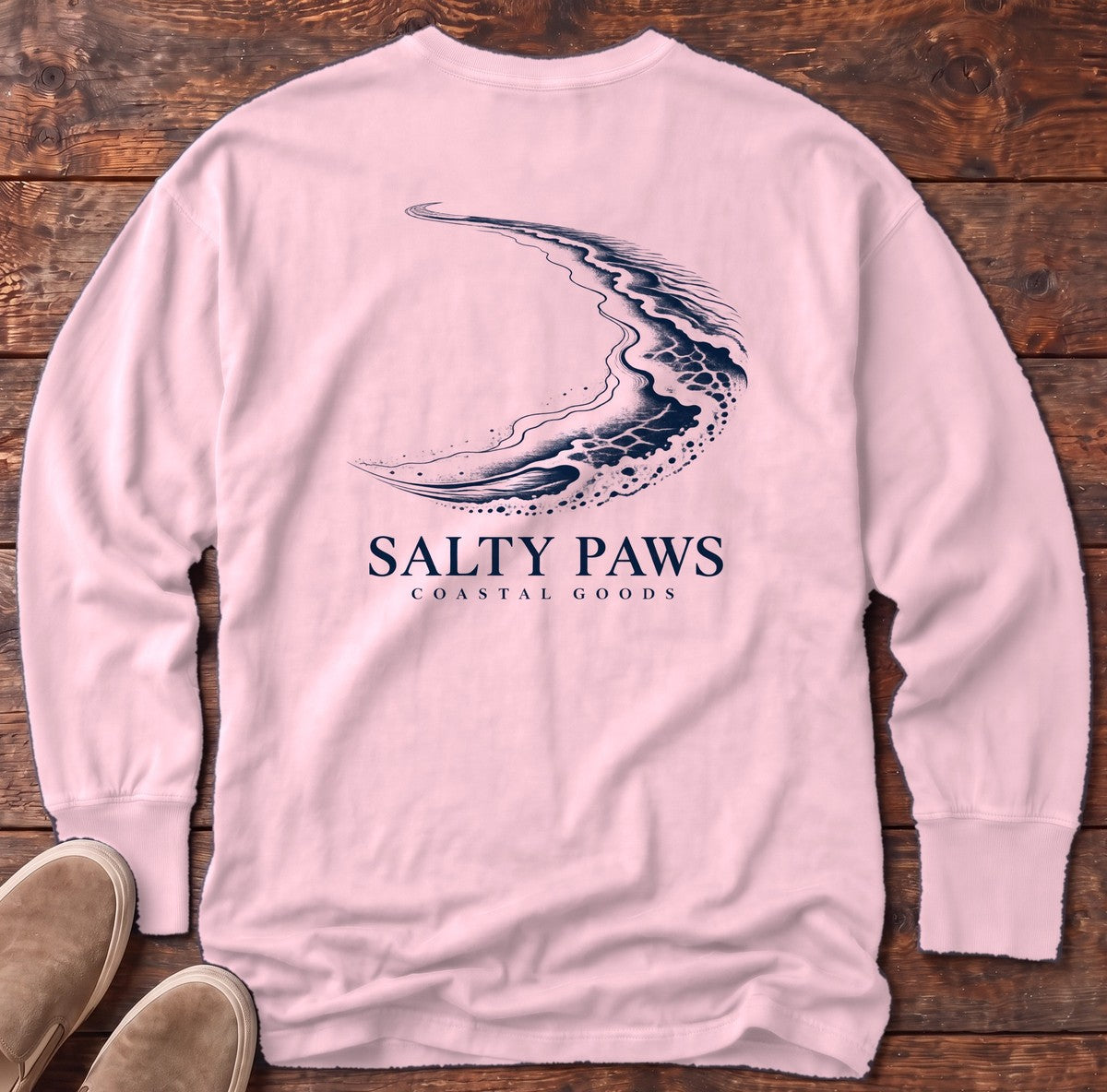 Crescent Shoreline Coastal Goods Back Design Long Sleeve Tee in Blossom, Salty Paws Comfort Colors Long Sleeve Tee, back design flat lay