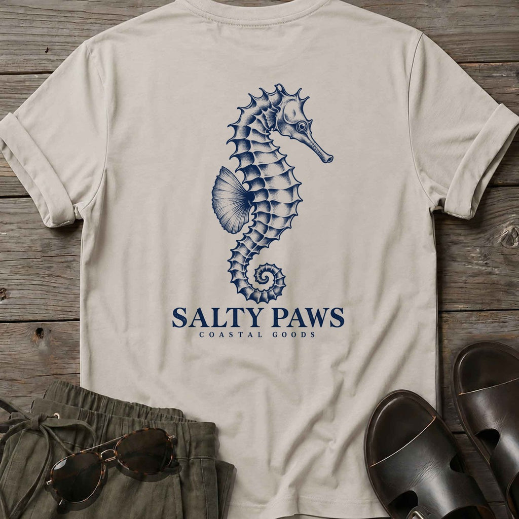 Seahorse Coastal Goods Back Design T-Shirt in Ice Grey, Salty Paws T-Shirt, back design flat lay