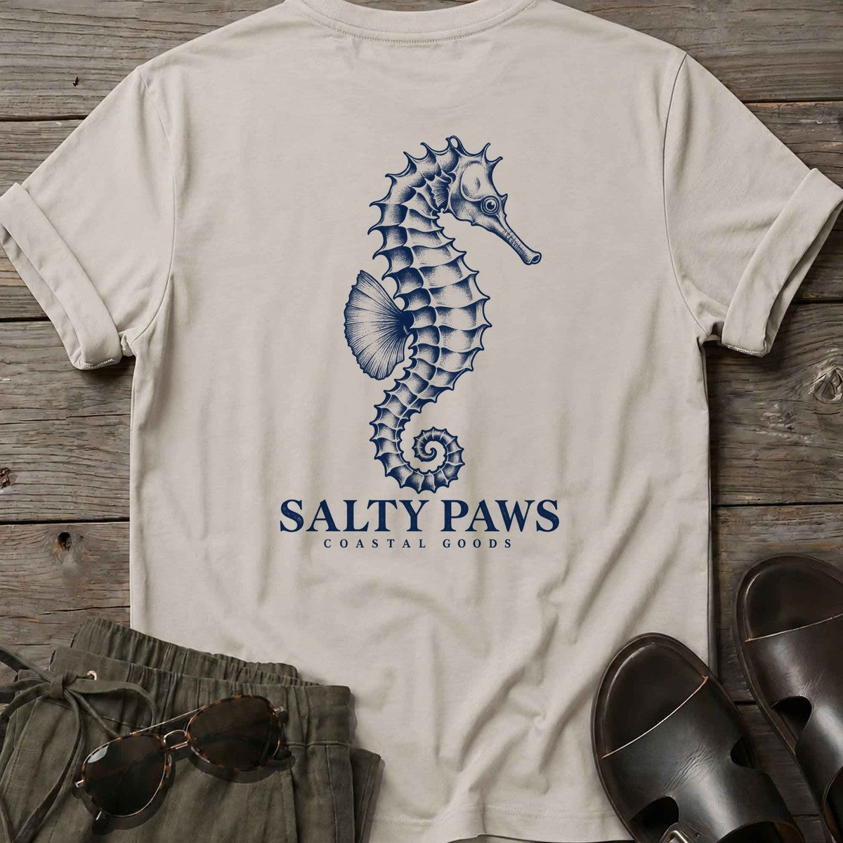 Seahorse Coastal Goods Back Design T-Shirt in Ice Grey, Salty Paws T-Shirt, back design flat lay