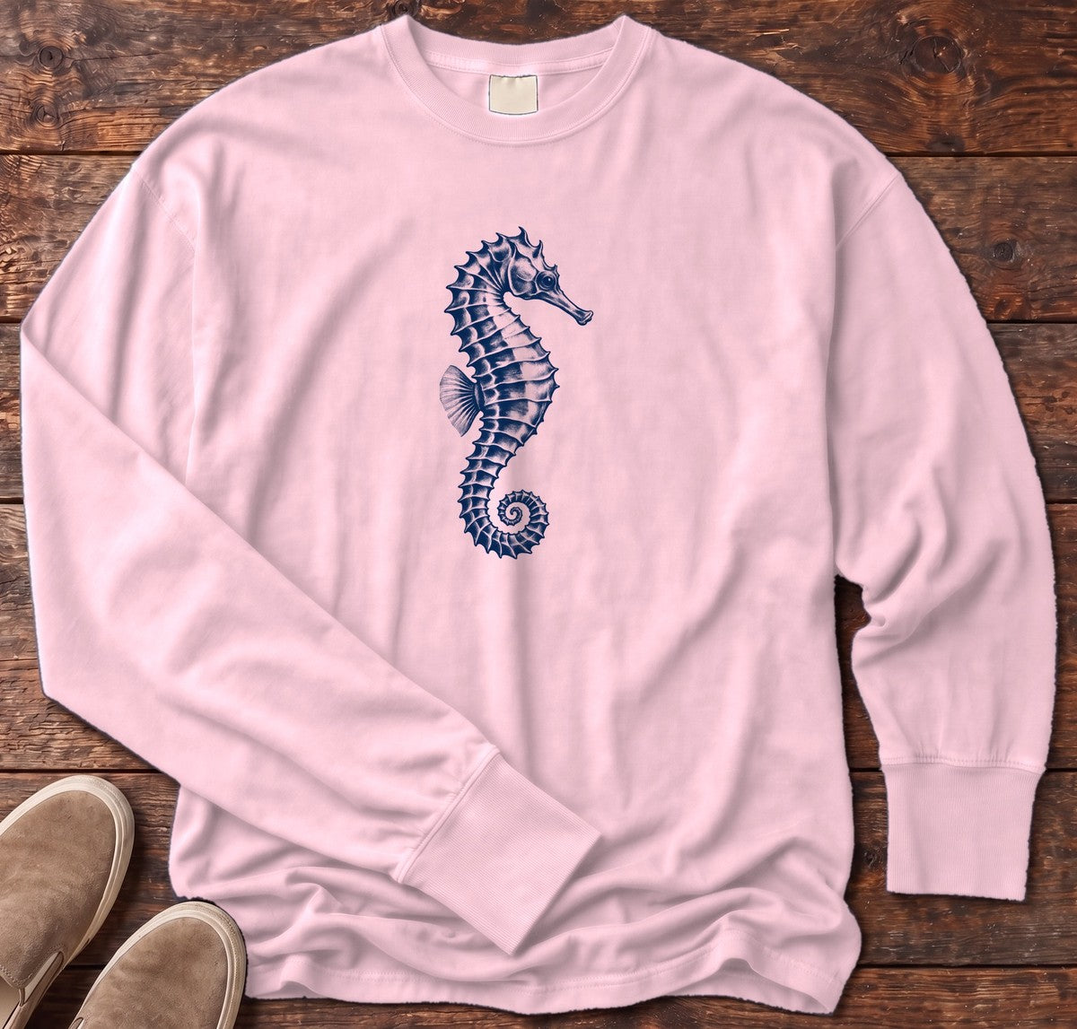 Navy Seahorse Long Sleeve Tee in Blossom, Salty Paws Comfort Colors Long Sleeve Tee, front design flat lay