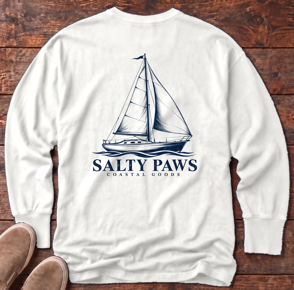 Sailboat Coastal Goods Back Design Long Sleeve Tee in White, Salty Paws Comfort Colors Long Sleeve Tee, back design flat lay