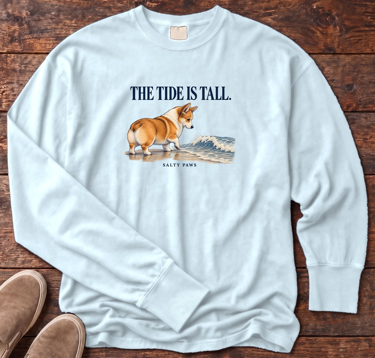 The Tide Is Tall Corgi Long Sleeve Tee in Chambray, Salty Paws Comfort Colors Long Sleeve Tee, front design flat lay