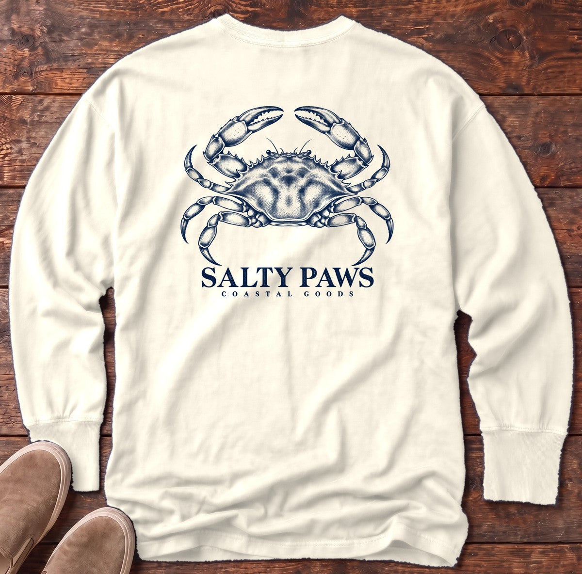 Blue Crab Coastal Goods Back Design Long Sleeve Tee in Ivory, Salty Paws Comfort Colors Long Sleeve Tee, back design flat lay