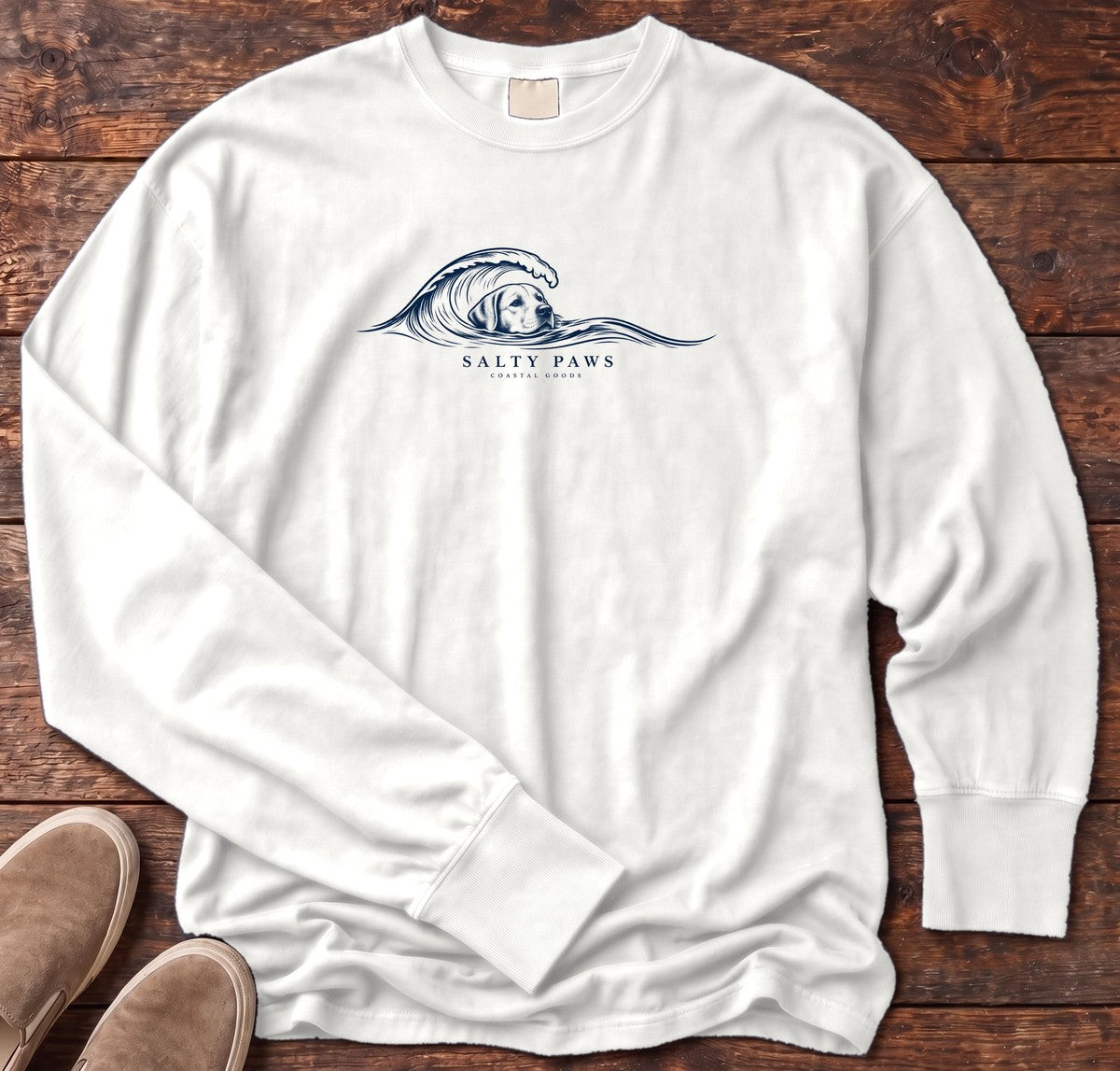 Labrador Wave Long Sleeve Tee in White, Salty Paws Comfort Colors long sleeve tee