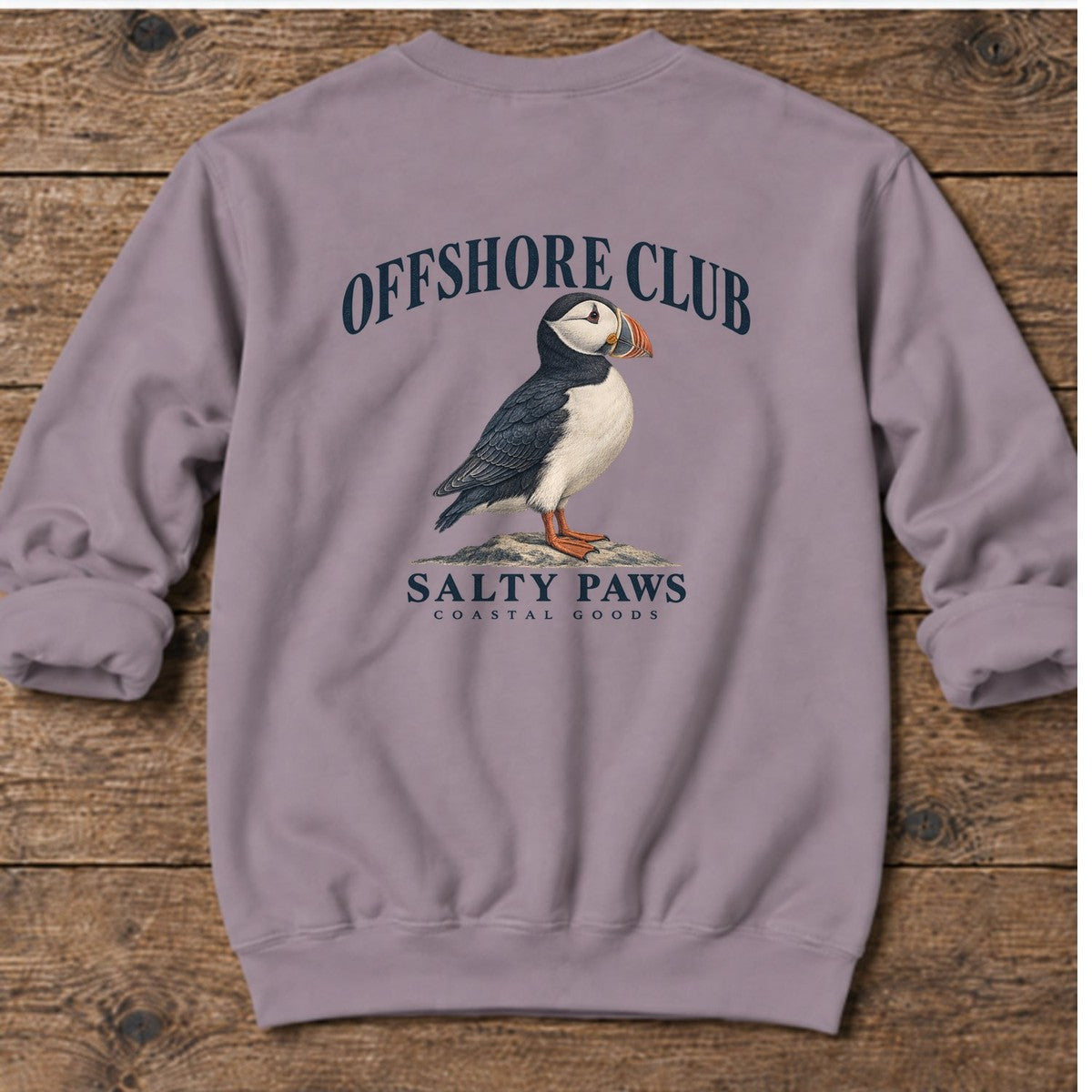 Offshore Club Puffin Salty Paws Coastal Goods Back Design Midweight Sweatshirt in Paragon, Salty Paws Midweight Sweatshirt, back design flat lay