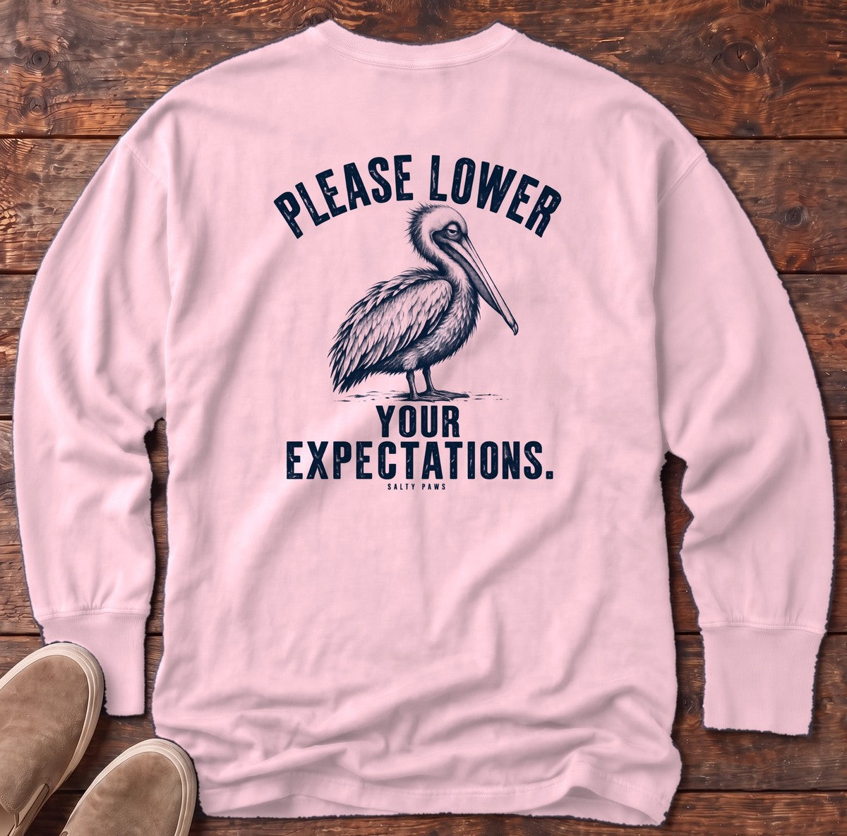 Please Lower Your Expectations Pelican Back Design Long Sleeve Tee in Blossom, Salty Paws Comfort Colors Long Sleeve Tee, back design flat lay