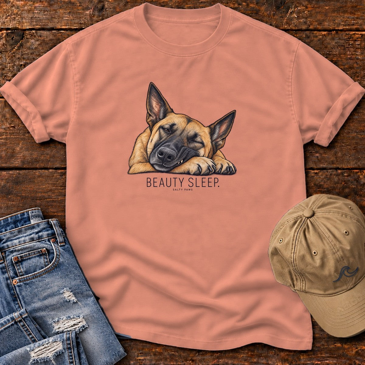 Beauty Sleep Belgian Malinois T-Shirt in Terracotta, Salty Paws Comfort Colors T-Shirt, front design flat lay