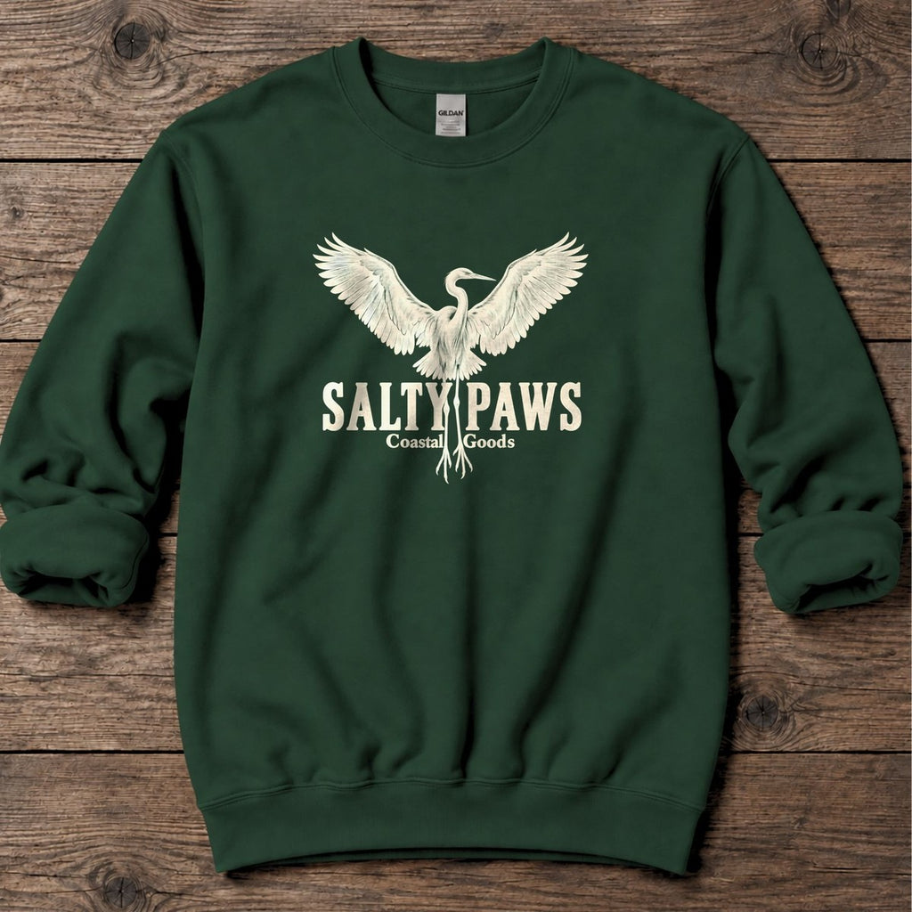 Rising Egret Salty Paws Coastal Goods Midweight Sweatshirt in Forest Green, Salty Paws Midweight Sweatshirt, front design flat lay