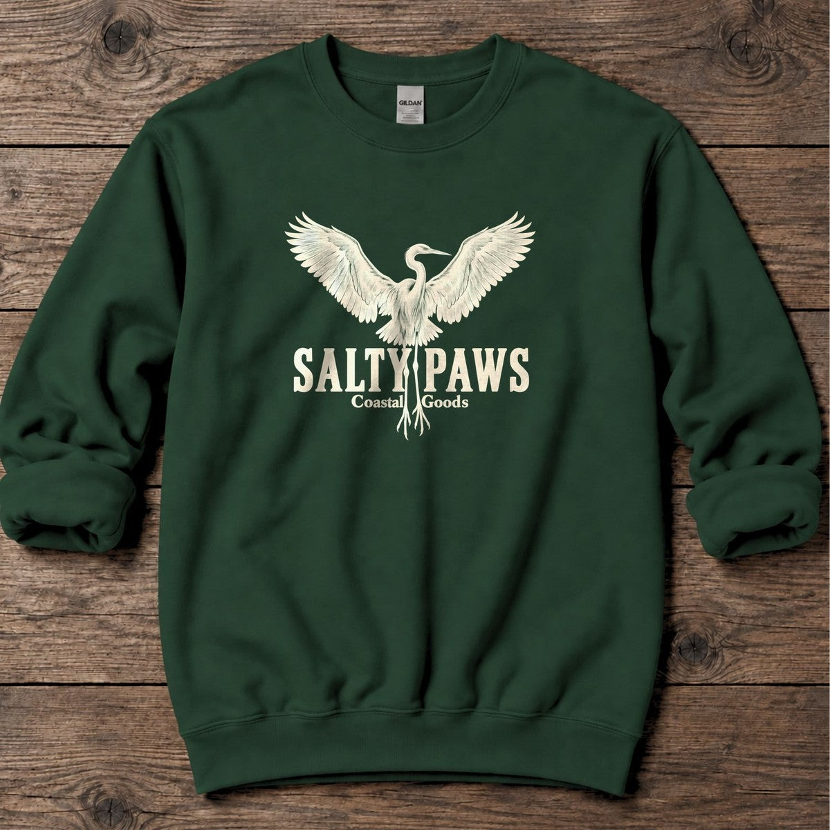 Rising Egret Salty Paws Coastal Goods Midweight Sweatshirt in Forest Green, Salty Paws Midweight Sweatshirt, front design flat lay
