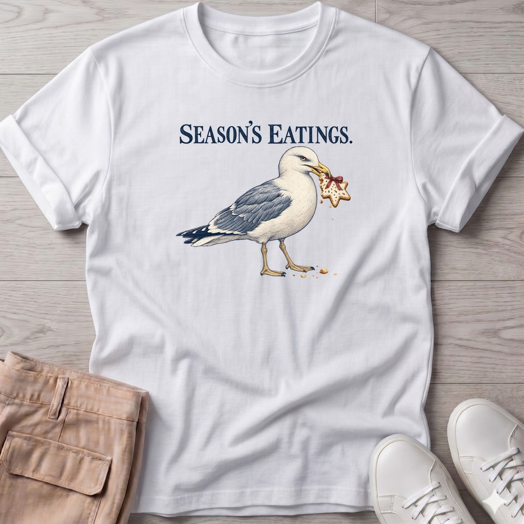 Season's Eatings Seagull T-Shirt in White, Salty Paws T-Shirt, front design flat lay