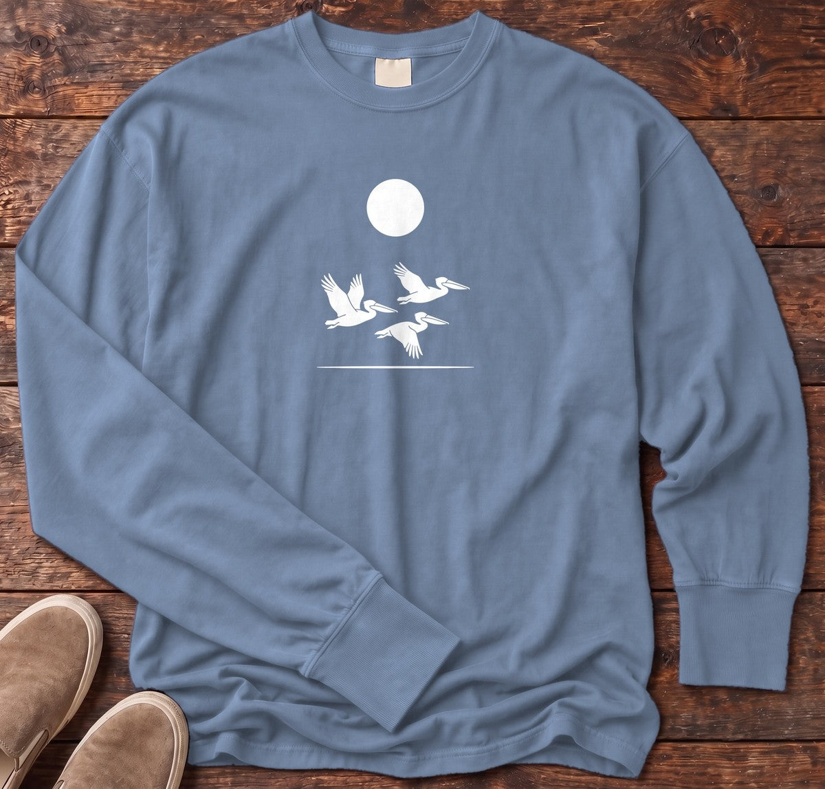 3 Pelicans Long Sleeve Tee in Blue Jean, Salty Paws Comfort Colors long sleeve tee