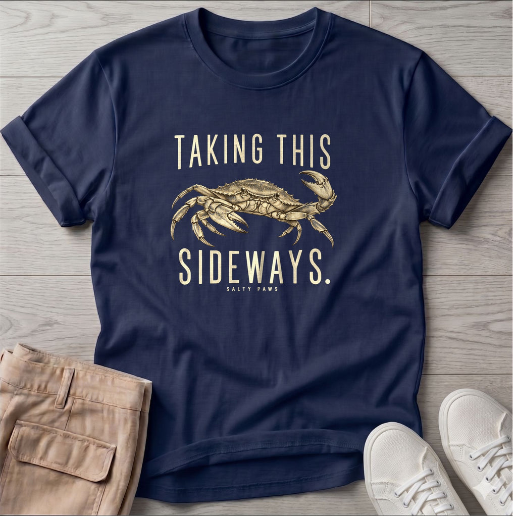 Taking This Sideways Crab T-Shirt in Navy, Salty Paws T-Shirt, front design flat lay