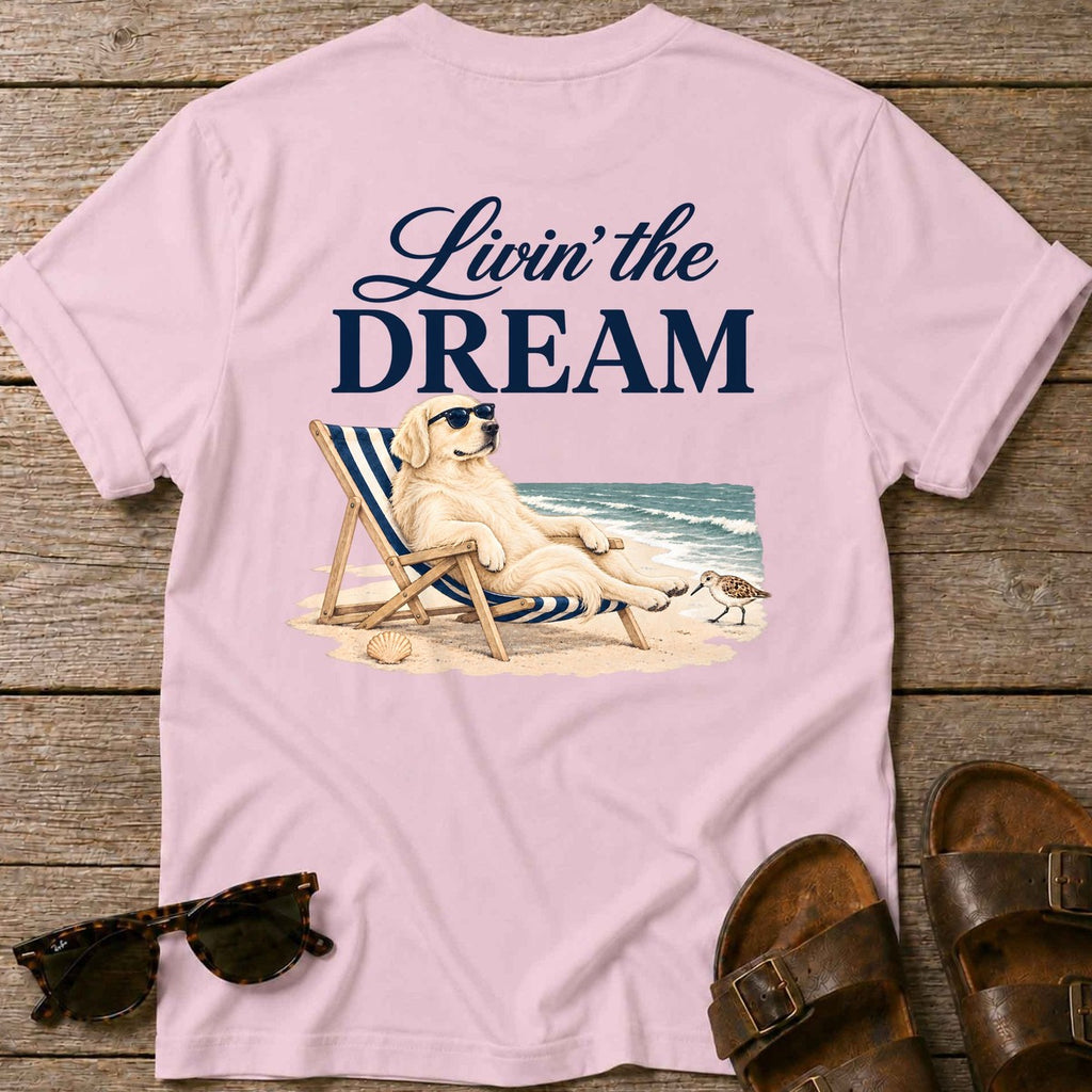 Livin' the Dream Cream Retriever Back Design T-Shirt in Light Pink, Salty Paws coastal t-shirt
