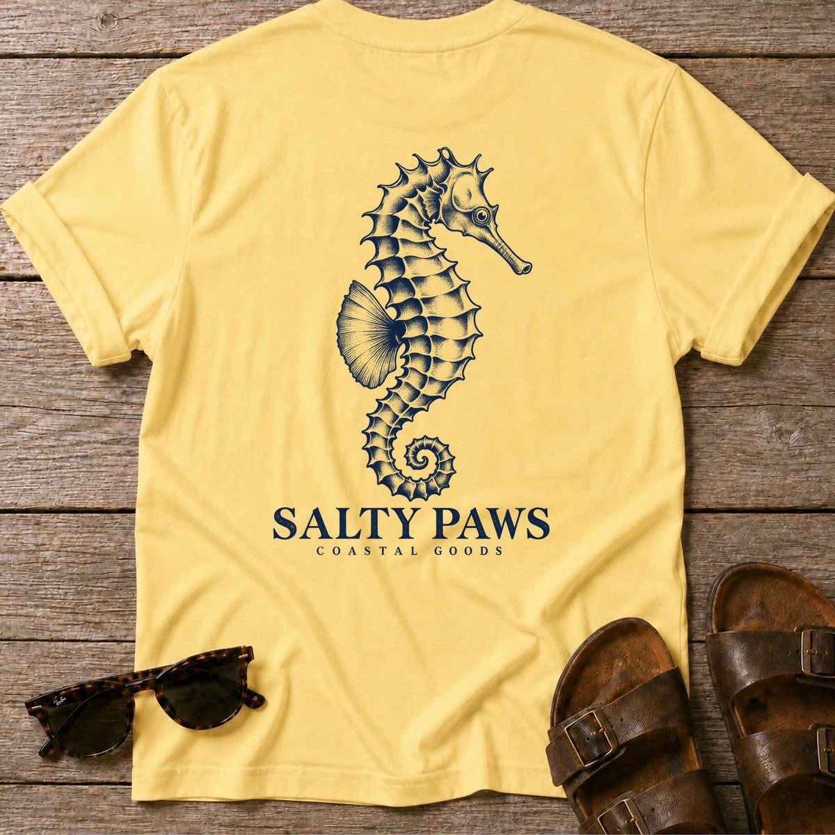 Seahorse Coastal Goods Back Design T-Shirt in Daisy, Salty Paws T-Shirt, back design flat lay