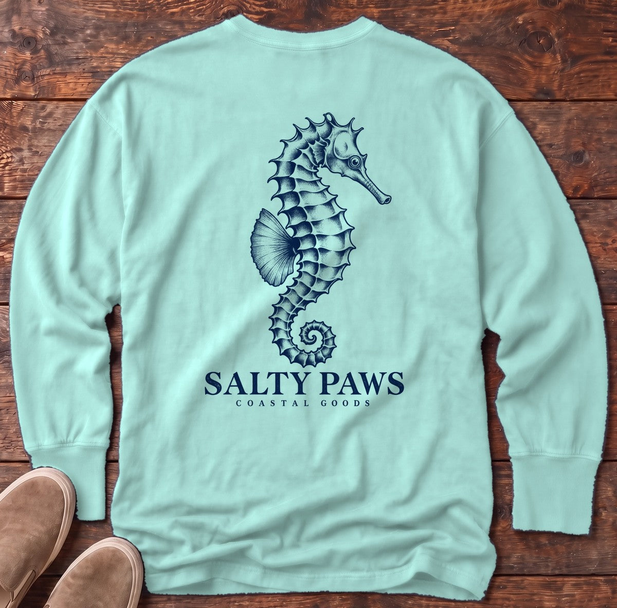 Seahorse Coastal Goods Back Design Long Sleeve Tee in Chalky Mint, Salty Paws Comfort Colors Long Sleeve Tee, back design flat lay