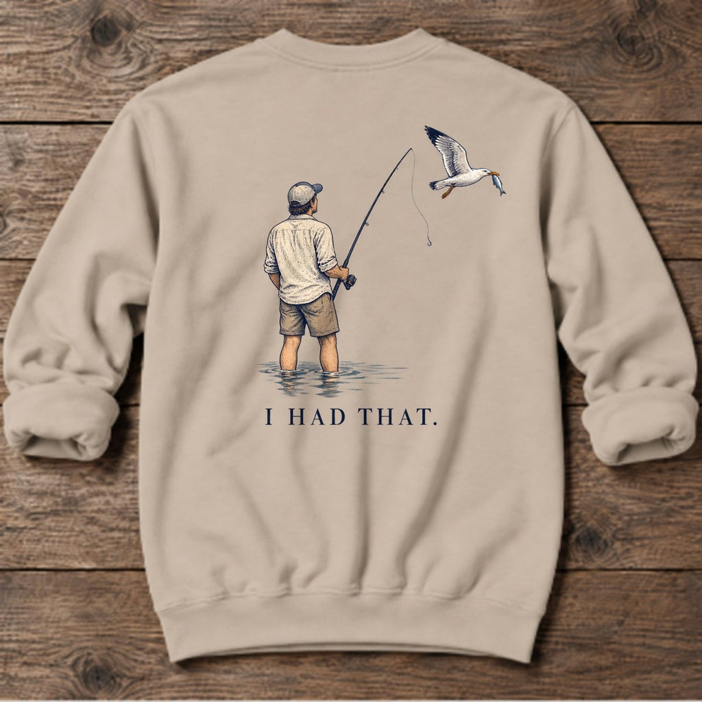 I Had That Seagull Back Design Midweight Sweatshirt in Sand, Salty Paws Midweight Sweatshirt, back design flat lay