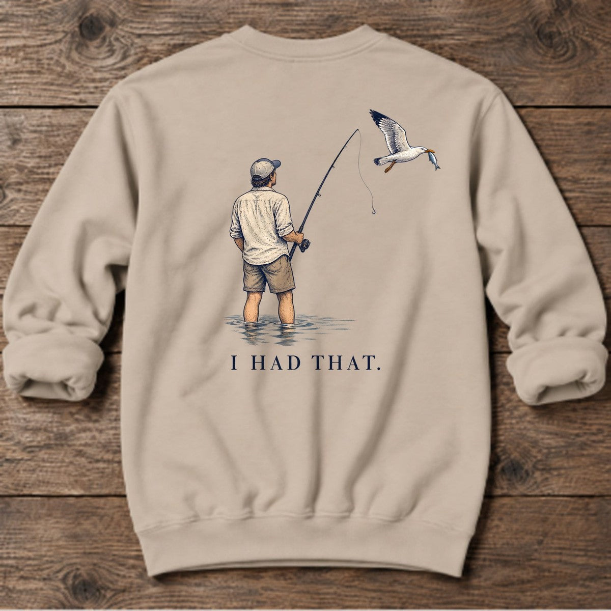 I Had That Seagull Back Design Midweight Sweatshirt in Sand, Salty Paws Midweight Sweatshirt, back design flat lay