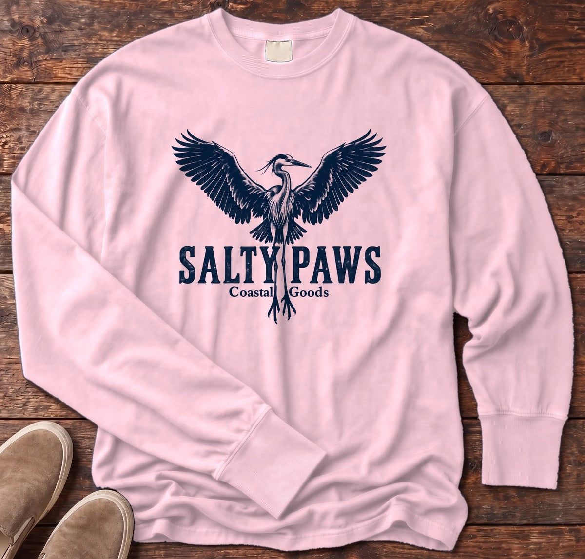 Rising Heron Salty Paws Coastal Goods Long Sleeve Tee in Blossom, Salty Paws Comfort Colors Long Sleeve Tee, front design flat lay