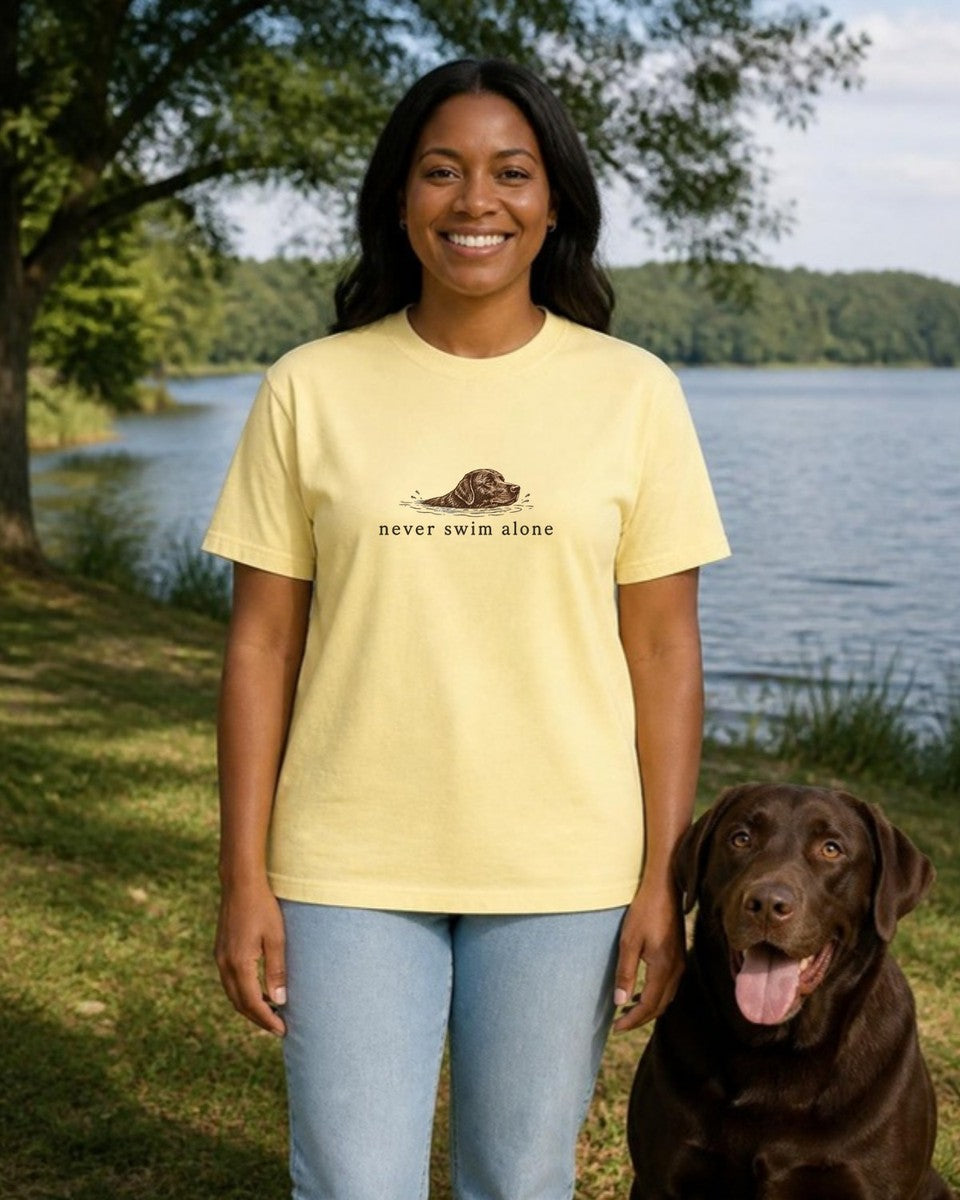 Never Swim Alone Chocolate Lab Comfort Colors T-Shirt in Butter, worn by a model