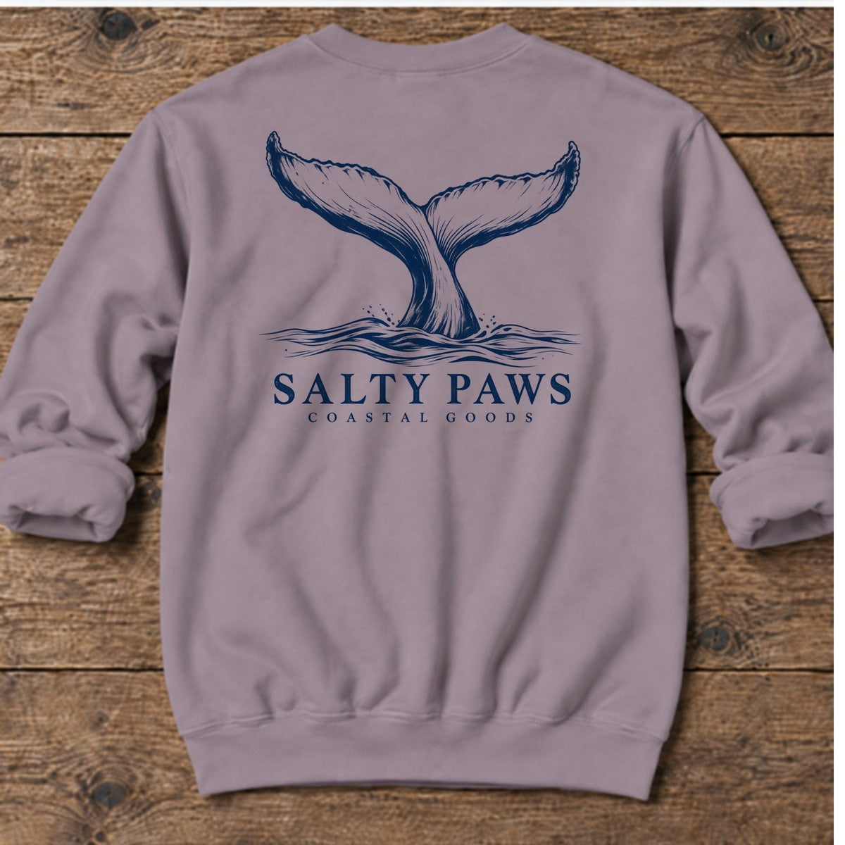 Humpback Tail Coastal Goods Back Design Midweight Sweatshirt in Paragon, Salty Paws Midweight Sweatshirt, back design flat lay